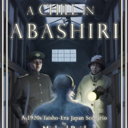 A Chill in Abashiri Call of Cthulhu cover. A police officer and a woman with a flashlight are in a prison, looking down at a kneeling frozen corpse