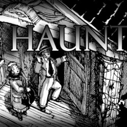 Call of Cthulhu The Haunting Title over two investigators entering a house